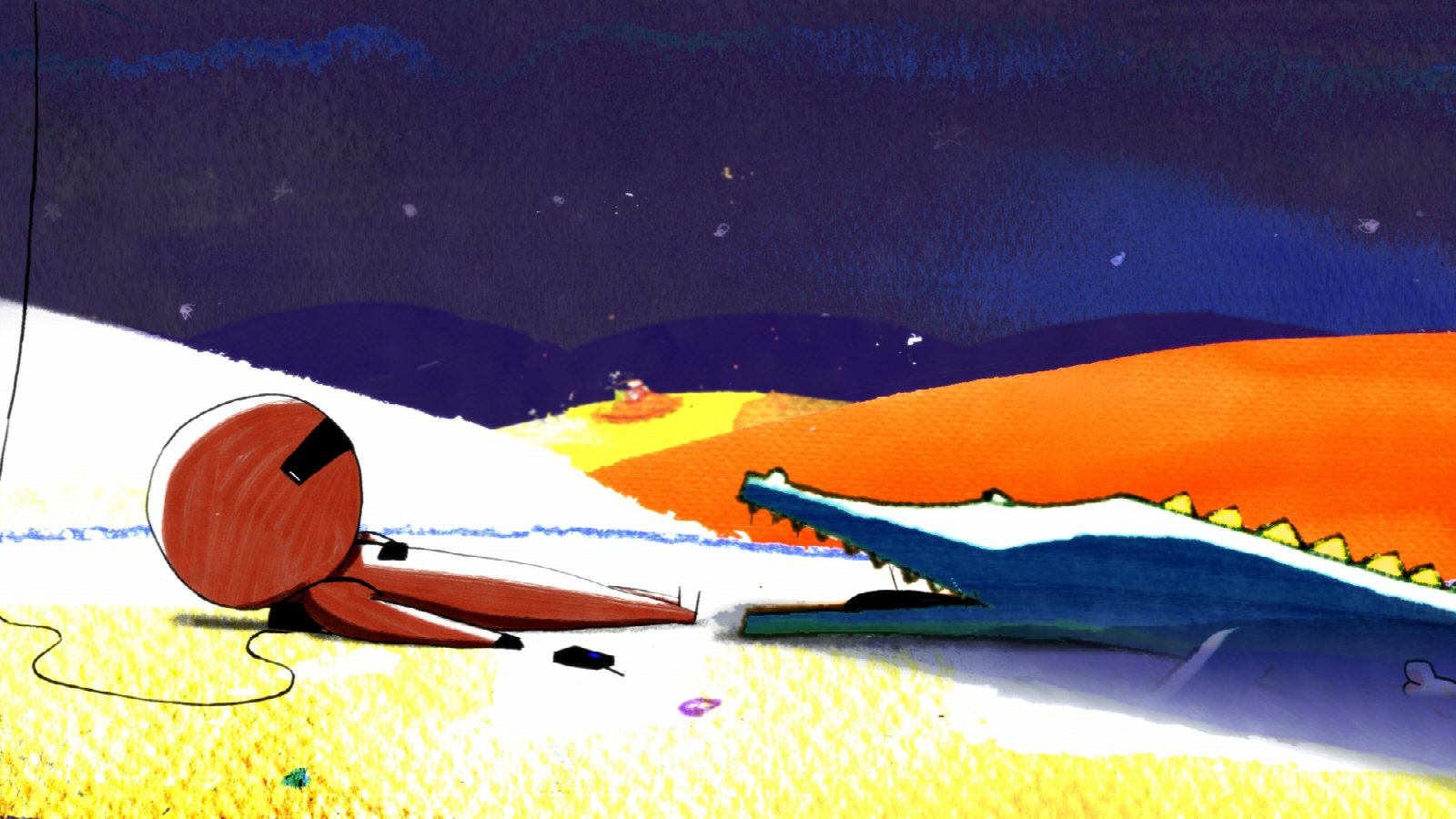 Orange Story poster: naive drawings of an astronaut, crocodile and dog in a desert palette